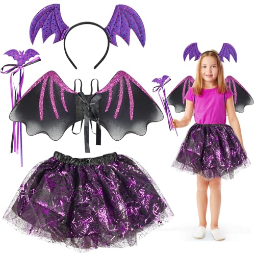 AsyinXson Halloween kostüm kinder fledermaus,Fledermaus Kostümset für Kinder,Mädchen Fledermaus Kurzer Rock,Geeignet für Mädchen im Alter von 3-8,geeignet für Partys,Halloween (Lila) von AsyinXson