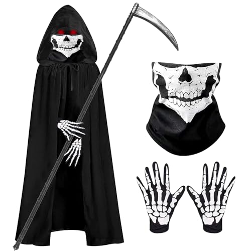 AsyinXson Sensenmann Kostüm Set, Halloween Kostüm für Kinder, Kinder Halloweenkostüm mit Kapuzenumhang, Sense, Leuchtende Handschuhe, für Halloween Dekoration,Cosplay (3-4) von AsyinXson