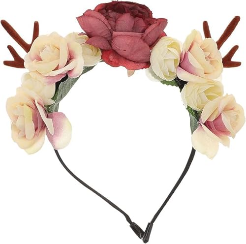 AsyinXson Weihnachten Rentiergeweih Stirnband, Kopfbedeckungen Mit Geweihblumen, Märchenhafter Damen-Kopfschmuck Hirsch-Geweih mit Stoff-Blüten, Weihnachten Kostüm Kostüme Zubehör von AsyinXson