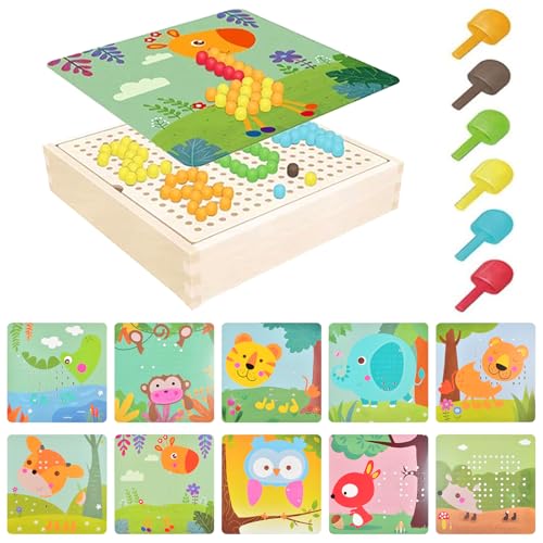 Mosaik Steckspiel für Kinder, 3D Spielzeug ab 2 3 4 5 Jahre Holz Steckspiel mit 240 Steckperlen und 10 Bunten Steckplätte Kreatives Pädagogisches Spielzeug Geschenke für Mädchen Jungen, 23 * 23cm von AsyinXson