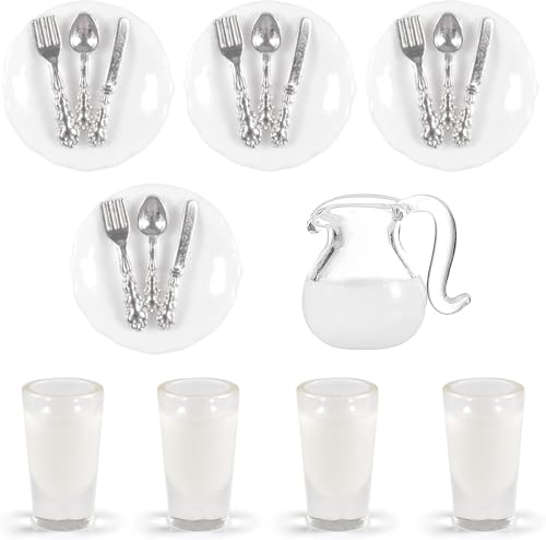 Puppengeschirr Porzellan, 21PCS Puppenhaus Zubehör 1:12 Porzellan Miniaturteller Set Gabel Löffel Messer Milchbecher Milchdose Metallgeschirr Modell Puppenhaus Küchendekoration für Rollenspiele von AsyinXson