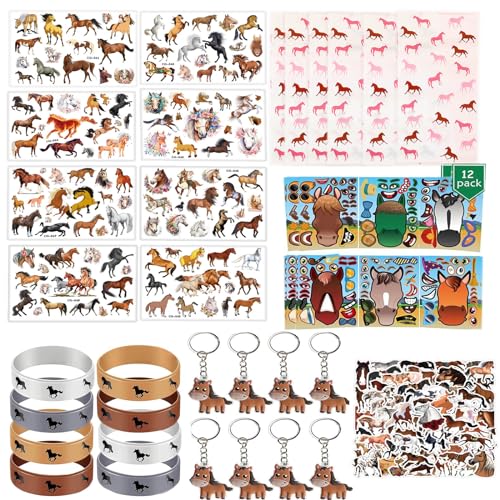 Aszaui 104 Stück Pferde Party Mitgebsel Kindergeburtstag,Pferde Geburtstag Kindergeburtstag Gastgeschenke,Give Aways Gastgeschenk,mit Pferde Geburtstagsdeko Armbänder Schlüsselanhänger Aufkleber von Aszaui