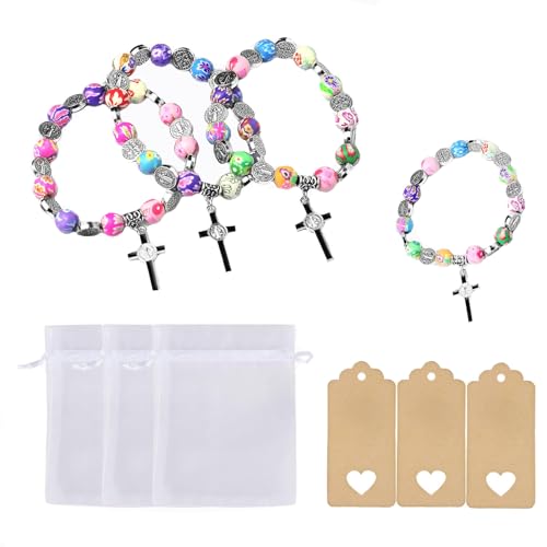 Aszaui 3 Stück Kommunion Geschenke für Mädchen, Bunte Rosenkranz Armband,Erstkommunion Geschenke Mädchen, Kinder Perlenarmband Kommunion.Eignung Geschenk zur Kommunion für Mädchen von Aszaui