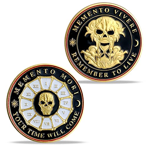 AtSKnSK Memento Mori Münze Memento Vivere Münze Totenkopf Lebensbaum Medaillon Stoische Praxis Stoische Erinnerungsmünze Wandermünze (Black & Gold) von AtSKnSK