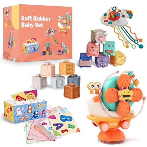 Babyspiele, 6 Monate, Babyspielzeug 6 Monate – Blöcke zum Stapeln, Tiere zum Einbau, Taschentuchbox, Alphabet, sensorische Rakete und Popper-Ball – Montessori-Spiele 6 bis 12 Monate von Athar the star