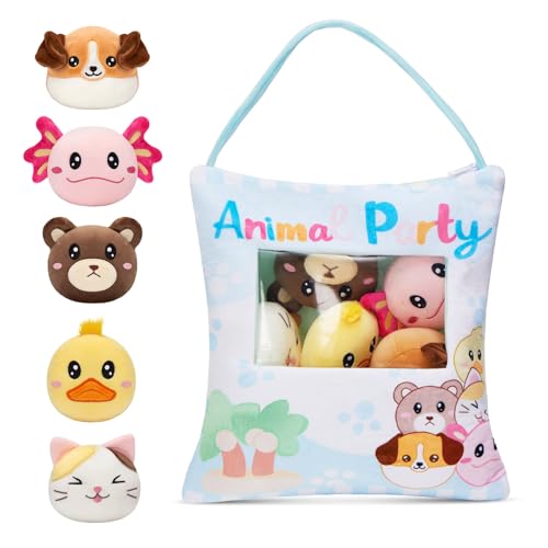 Athionsu 38,1 cm große Tierparty-Plüschtasche mit 5 Mini-Plüschtieren, weiche und niedliche Reisetasche mit Ente, Hund, Bär, Katze und Axolotl, perfekt für Kinder und Tierliebhaber von Athoinsu