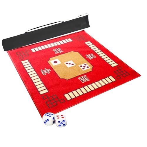 mahjong spiel set, Verdickte Mahjong-Tischmatte mit Regeln, rutschfeste, geräuschreduzierende Spielmatte for Poker-Kartenspiele, mit 2 Würfeln und Aufbewahrungstasche (Farbe: Rot, Größe: 30,7 x 30,7 Z von AthuAh