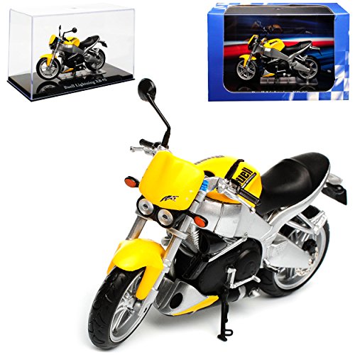 Atlas Buell Lightning XB-9S Gelb mit Sockel und Vitrine 1/24 Modell Motorrad mit individiuellem Wunschkennzeichen von Atlas