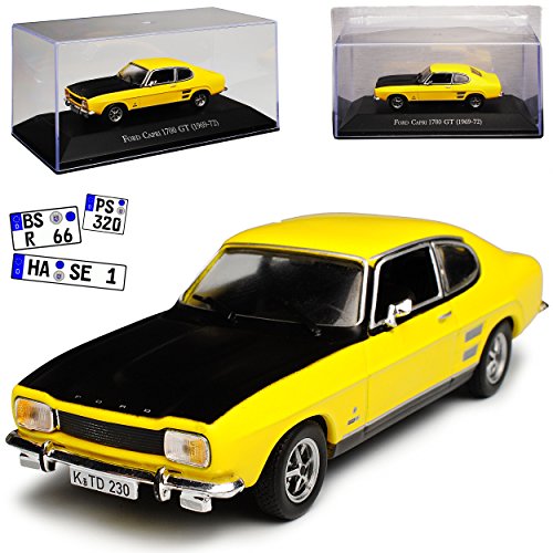 Atlas Ford Capri GT 1700 Coupe Gelb 1. Generation 1968-1973 Mit Sockel und Vitrine 1/43 Modell Auto von atlas editions