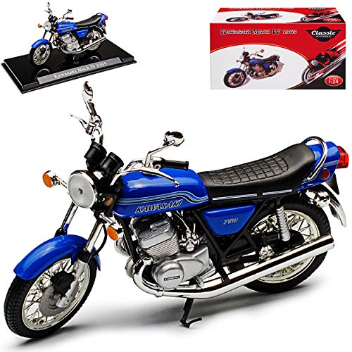 Atlas Kawasaki Mach IV 750 H2 Blau 1971-1975 mit Sockel 1/24 Modell Motorrad mit individiuellem Wunschkennzeichen von Atlas