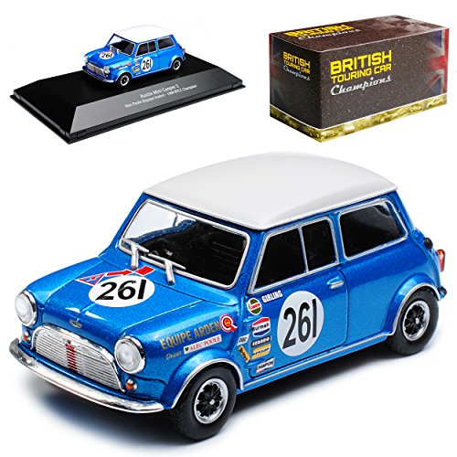 Atlas Mini Cooper altes Ur Modell Blau mit weißem Dach BTCC Champion 1969 1959-2000 mit Sockel 1/43 Modell Auto von binoa