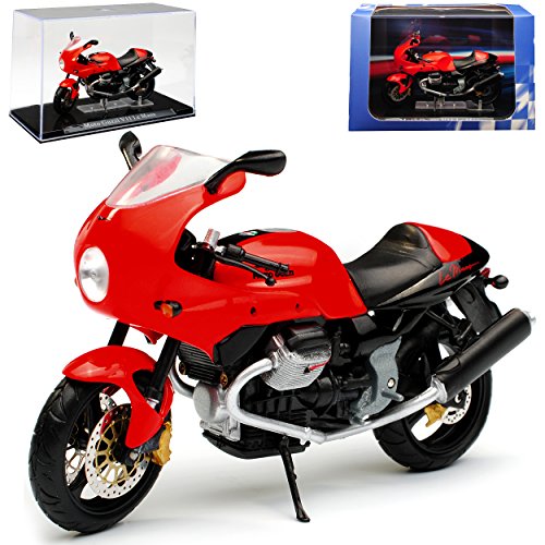 Atlas Moto Guzzi V11 Le Mans Rot mit Sockel und Vitrine 1/24 Modell Motorrad mit individiuellem Wunschkennzeichen von Atlas