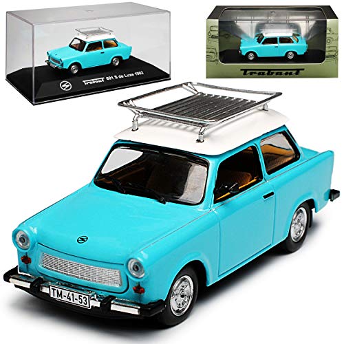 Atlas Trabant 601 S de Luxe Limousine Blau Weiss mit Dachträger 1964-1990 1/43 Modell Auto von atlas editions