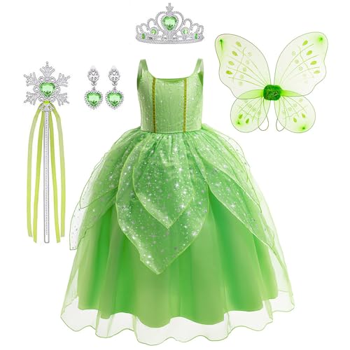 Atorcher Tinkerbell Kostüm Mädchen Grüne Kleid mit Prinzessin Kostüme Zubehör Krone Diadem Zauberstab usw für Weihnachten Verkleidung Karneval Halloween von Atorcher