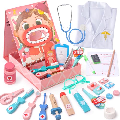 Arztkoffer Kinder Holz Zahnarzt Spielzeug & Arztkittel & Doktor Spielset & Körperkognition Zahnarztkoffer Dokotorset Rollenspiel Lernspielzeug Geschenk für Kinder Jungen Mädchen 3 4 5 6 Jahre (pink) von Atoylink