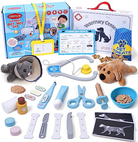 Atoylink 34stk Holz Tierarzt Spielzeug Arztkoffer Kinder mit Katze Hunde Kuscheltier Stethoskop Thermometer Spritze Rollenspiel Kinderspielzeug Geschenke für Mädchen Jungen 3 4 5+ Jahre von Atoylink