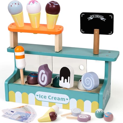 Atoylink 52STK EIS Spielzeug Kaufladen Zubehör Küchenzubehör Kinder Holz Stiel Lebensmittel Spielgeld Eiscreme Kaufmannsladen Eisdiele Kinder Holz Geburtstag Geschenke Mädchen Junge 3 4 5 6+ Jahre von Atoylink