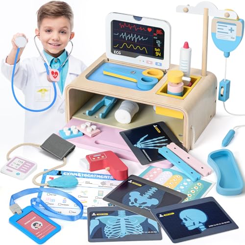 Atoylink Arztkoffer Kinder Holz ab 2 3 4 5 Jahre, Doktor Spielset mit ECG, Infusionsständer, Stethoskop, Arztkittel, Dokotorset Rollenspiel Lernspielzeug Holzspielzeug Geschenk Kinder Jungen Mädchen von Atoylink