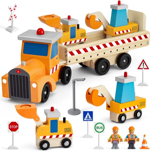 Atoylink Baustellenfahrzeuge Kinder Spielzeug, 12 Pcs Holz Baufahrzeuge Baustelle Spielzeug Set mit Kran Bagger Lastwagen Holzspielzeug LKW Auto Geschenk für Kinder Junge ab 2 3 4 5 6 Jahre von Atoylink