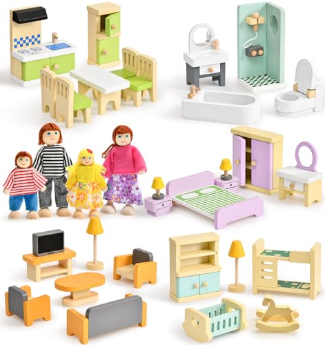 Atoylink Bunt Puppenhaus Möbel Set aus Holz, Puppen Zubehör Spielzeug mit Puppenhaus Puppen, Rollenspiel Geschenk für Jungen Mädchen Kleinkinder ab 3 Jahren Atoylink Bunt Puppenhaus Möbel Set aus Holz, Puppen Zubehör Spielzeug mit Puppenhaus Puppen, Rollenspiel Geschenk für Jungen Mädchen Kleinkinder ab 3 Jahren von Atoylink
