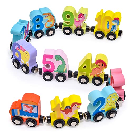 Atoylink Dinosaurier Holzzug Motorikspielzeug Nummer 1-10 Magnetzug Set Montessori Holzspielzeug Baby Kinderspielzeug Zug Fahrzeuge Geschenk für Baby Kleinkinder 1 2 3 Jahren 11er Pack von Atoylink