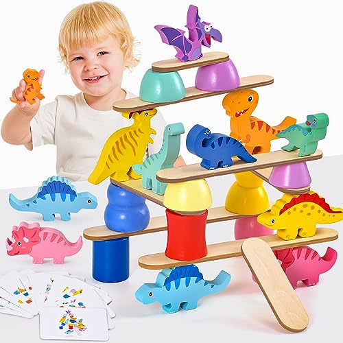 Atoylink Dinosaurier Stapelsteine Montessori Holzspielzeug ab 2 3 4 5 Jahre Stapelspiel Balancespiel Dinosaurier Stapeln Bausteine Leitfadenkarten Motorikspielzeug Geburtstags Geschenke für Baby von Atoylink