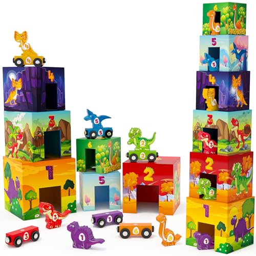 Atoylink Dinosaurier Stapelturm Baby, Stapelspiel Montessori Holzspielzeug mit 6 Stapelwürfel & 6 Dinosaurier & 6 Holz Eisenbahn Kinder, Lernspielzeug Motorikspielzeug Geschenke für Kinder ab 3 Jahren Atoylink Dinosaurier Stapelturm Baby, Stapelspiel Montessori Holzspielzeug mit 6 Stapelwürfel & 6 Dinosaurier & 6 Holz Eisenbahn Kinder, Lernspielzeug Motorikspielzeug Geschenke für Kinder ab 3 Jahren von Atoylink
