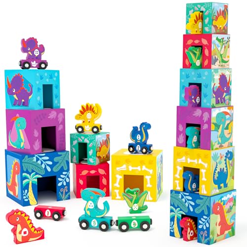 Atoylink Dinosaurier Stapelturm Baby, Stapelspiel Montessori Holzspielzeug mit 6 Stapelwürfel & 6 Dinosaurier & 6 Holz Eisenbahn Kinder, Lernspielzeug Motorikspielzeug Geschenke für Kinder ab 3 Jahren Atoylink Dinosaurier Stapelturm Baby, Stapelspiel Montessori Holzspielzeug mit 6 Stapelwürfel & 6 Dinosaurier & 6 Holz Eisenbahn Kinder, Lernspielzeug Motorikspielzeug Geschenke für Kinder ab 3 Jahren von Atoylink