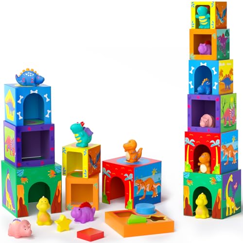 Atoylink Dinosaurier Stapelwürfel und Stapelturm Baby Montessori Spielzeug ab 1 2 3 Jahr Kinderspielzeug Zahlen Farbe Form Stapelsteine Nistkästen Lernspielzeug Geschenk für Kleinkinder Junge Mädchen von Atoylink