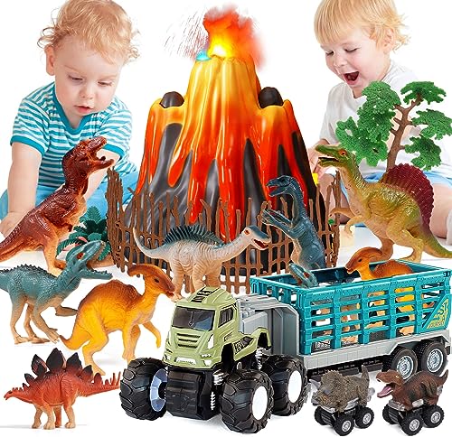 Atoylink Dinosaurier Vulkan Spielzeug mit Spray Licht und Ton, Autotransporter LKW Spielzeug mit Dinosaurier Spielzeugautos Figuren Geschenk für Kinder Junge 3 4 5 Jahre von Atoylink