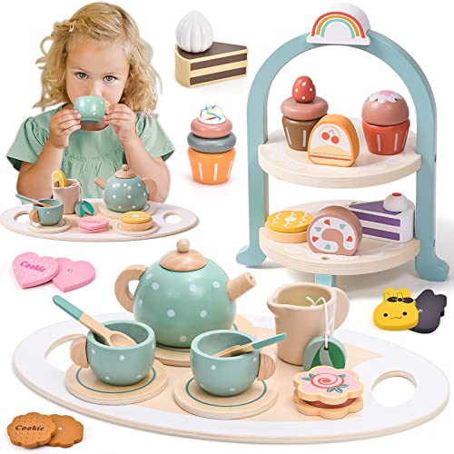 Atoylink Holz Tee Set Kinder Teeservice mit Dessert Kuchen Keks Spielzeug Kinderküche Zubehör Rollenspiel Teeset Teeparty Holzspielzeug Geschenk für Kinder Mädchen 3 4 5 6 7 Jahre (Grün) von Atoylink