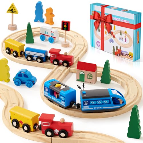 Atoylink Holzeisenbahn Zug Elektrische, Eisenbahn Elektrische Lok Kinder mit Holzschienen Zug Spielzeug Batteriebetriebener Lokomotivzug Eisenbahnspielzeug Geschenke für Jungen Mädchen 3 4 5 6 7 von Atoylink