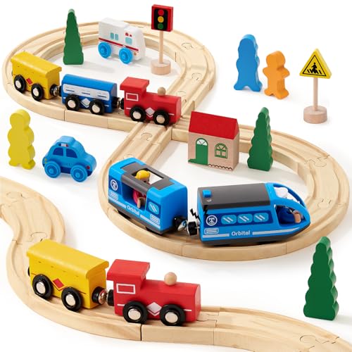 Atoylink Holzeisenbahn Zug Elektrische, Eisenbahn Elektrische Lok Kinder mit Holzschienen Zug Spielzeug Batteriebetriebener Lokomotivzug Eisenbahnspielzeug Geschenke für Jungen Mädchen 3 4 5 6 7 von Atoylink