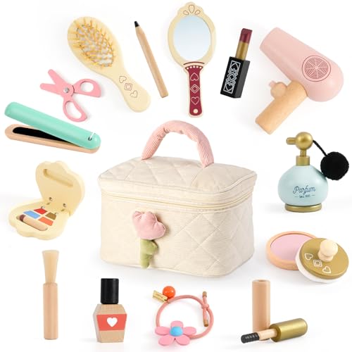 Atoylink Holzschminke Spielset Kinderschminke Set Mädchen Holz Makeup Schminke Spielzeug mit Friseur Set Kinder Schminkkoffer Schminkset Holzspielzeug Geschenk für Mädchen ab 3 4 5 6 7 Jahre von Atoylink