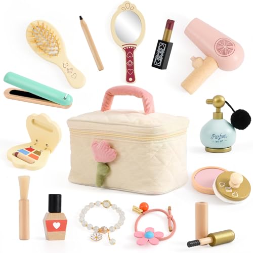 Atoylink Holzschminke Spielset Kinderschminke Set Mädchen Holz Makeup Schminke Spielzeug mit Friseur Set Kinder Schminkkoffer Schminkset Holzspielzeug Geschenk für Mädchen ab 3 4 5 6 7 Jahre von Atoylink