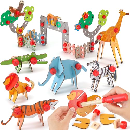 Atoylink Holztiere 3D Puzzle Kinder Spielzeug, Holz Tierfiguren Set Montessori Spielzeug ab 3 Jahre, Holz Tiere Bauklötze Bausteine Holzspielzeug Lernspielzeug Geschenk für Junge Mädchen 3 4 5 6 Jahre von Atoylink