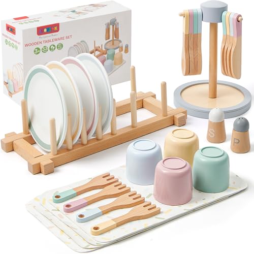 Atoylink Kinderküche Zubehör Holz, 33 Pcs Geschirrset mit Tassen Teller, Spielküche Zubehör Geschirr Teeservice Kinder Küchenzubehör Spielzeug Rollenspiel Geschenk für Mädchen Jungen 3 4 5 6 7 8 Jahre von Atoylink