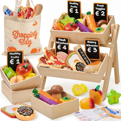 Atoylink Kinderküche Zubehör Holz Spielküche Zubehör mit Kaufmannsladen Zubehör Küchenzubehör Kinder Holz Lebensmittel Rollenspiel Holzspielzeug Kaufladen Kinder Geschenk für Mädchen Junge 3 Jahre von Atoylink