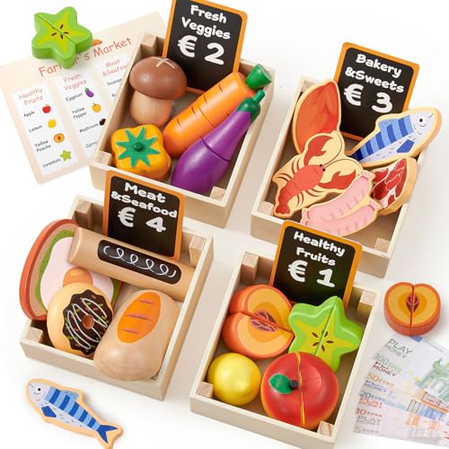 Atoylink Kinderküche Zubehör Holz Spielküche Zubehör mit Kaufmannsladen Zubehör Küchenzubehör Kinder Holz Lebensmittel Rollenspiel Holzspielzeug Kaufladen Kinder Geschenk für Mädchen Junge 3 Jahre von Atoylink