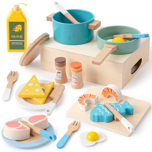 Atoylink Kinderküche Zubehör Holzspielzeug Spielküche Zubehör 19STK. Küchenspielzeug Kochgeschirr Töpfe und Pfannenset Kinder Küchenset Rollenspiel Geschenk für Jungen Mädchen ab 3 4 5 6 Jahren von Atoylink