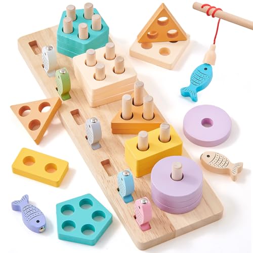 Atoylink Montessori Spielzeug ab 1 2 3 Jahre Holz Steckspiel Angelspiel Holzspielzeug Formsortierspielzeug Motorikspielzeug Lernspielzeug Geschenk für Baby Mädchen Jungen Kleinkinder von Atoylink