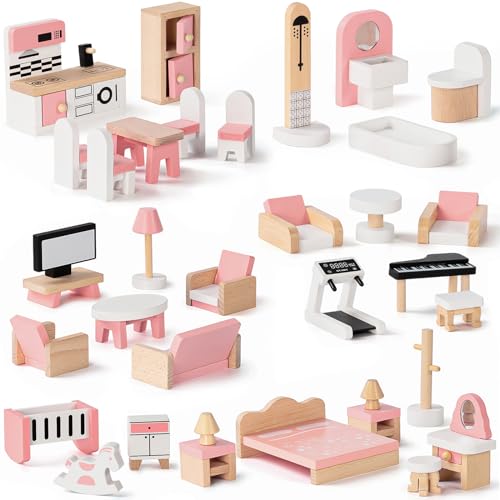 Atoylink Puppenhaus Möbel Set aus Holz, 5 Zimmer Set, 34 Teilig Miniatur Puppenhaus Zubehör, Wohnzimmer/Schlafzimmer/Badezimmer/Babyzimmer/Küche für Spielhaus Kinder Spielzeug Geschenk für Mädchen von Atoylink