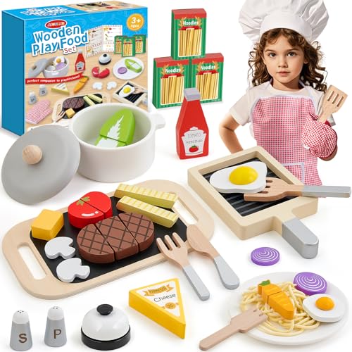 Atoylink Steak Kinderküche Spielküche Zubehör Holz, Lebensmittel mit Pasta Pommes, Geschirr Küchenzubehör Kinder Holzspielzeug Küche Rollenspiele Geschenk Mädchen Jungen 3 4 5 6 Jahre von Atoylink