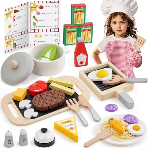 Atoylink Steak Kinderküche Spielküche Zubehör Holz, Lebensmittel mit Pasta Pommes, Geschirr Küchenzubehör Kinder Holzspielzeug Küche Rollenspiele Geschenk Mädchen Jungen 3 4 5 6 Jahre von Atoylink