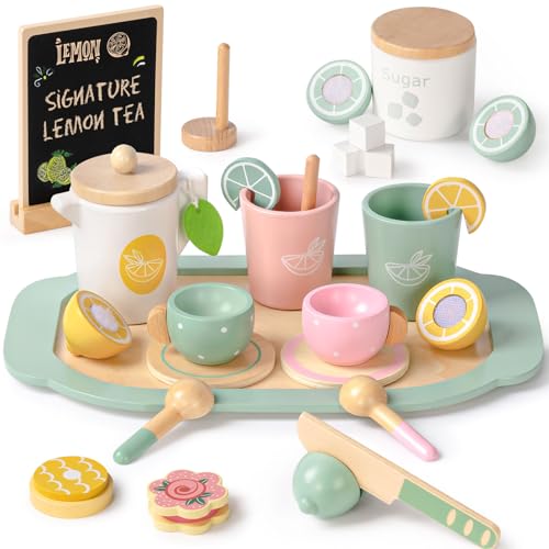 Atoylink Zitronen Tee Set Teeservice Kinder Holz Spielküche Kinderküche Zubehör mit Tafel Puppenküche Puppengeschirr Holzspielzeug Kleinkinder Teeparty Geschenk für Kinder Mädchen 2 3 4 5 6 Jahre von Atoylink