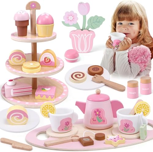 Atoylink Teeservice Kinder Holz 31 Stück Tee Set mit Kinderküche Spielküche Zubehör Teeset Teeparty Holzspielzeug Puppengeschirr Rollenspiel Spielzeug Geschenk für Kinder Mädchen 3 4 5 6 7 Jahre（Rosa） von Atoylink