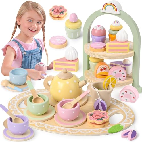 Atoylink Teeservice Kinder Holzspielzeug Kinderküche Zubehör Holz Teeparty Set mit Spielküche Holz Cupcake Ständer Teekanne Teetassen Teeset Rollenspiel Geschenk für Kinder Mädchen 3 4 5 6 7+ Jahre von Atoylink