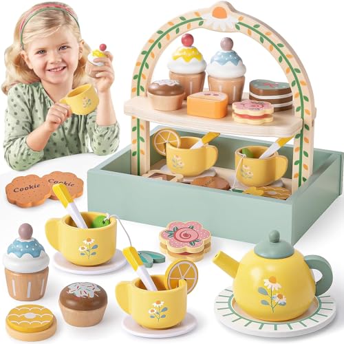 Atoylink 26STK Teeservice Kinderküche Holz Teeparty Set mit Spielküche Holz Cupcake Ständer Teeset Rollenspiele Kinderküche Zubehör Holzspielzeug Geschenk für Kinder Mädchen Junge 3 4 5 6 7+ Jahre von Atoylink