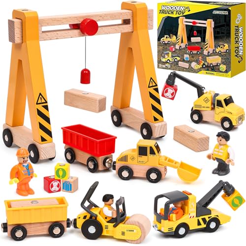 Baufahrzeuge Baustelle Kinder Geschenke Jungen 2 3 4 5 Jahre Holz Magnetisch Fahrzeug Spielzeug mit Portalkran, Bagger, Kranwagen, Straßenroller, Abschleppfahrzeug, Holzspielzeug Geschenkideen Jungen von Atoylink