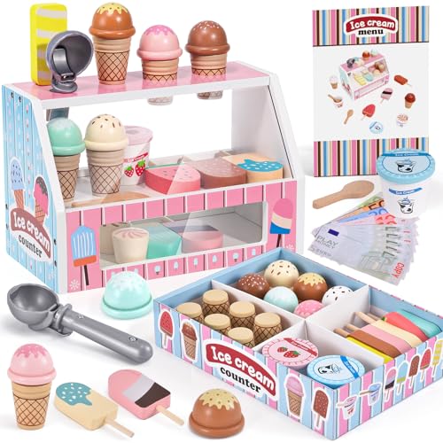 Eisdiele Eisladen EIS Holzspielzeug für Kinder Eiscreme Einkaufsladen Kinderküche Zubehör mit Spielgeld, Eistheke Eisverkauf Rollenspiel Montessori Holzspielzeug Geschenk für Mädchen 3 4 5 6 Jahren von Atoylink